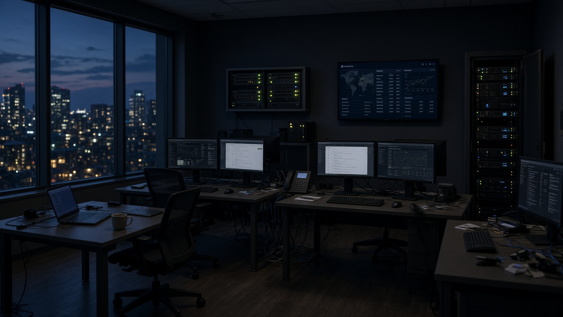 After-hours office with computers, monitors, and network equipment still running